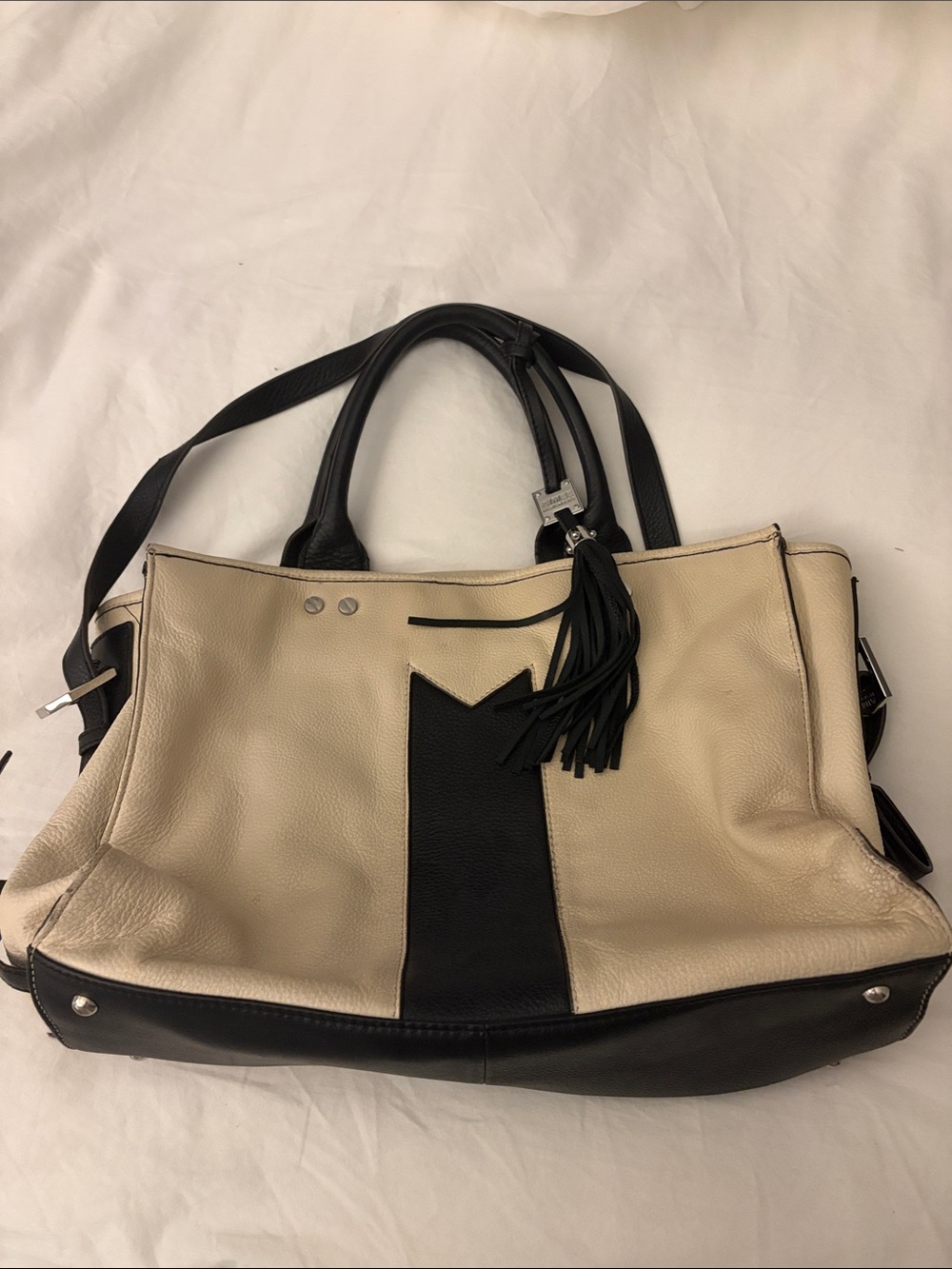 Aimee Kestenberg Two-Tone Cream and Black Leather Tote with Tassel